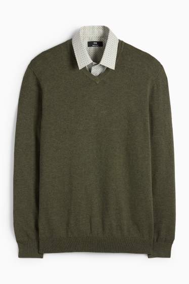 Herren - Set - Pullover mit V-Ausschnitt und Businesshemd - 2 teilig - dunkelgrün