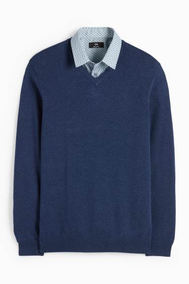 Herren - Set - Pullover mit V-Ausschnitt und Businesshemd - 2 teilig - dunkelblau