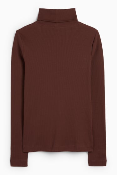 Women - Turtleneck top - ribbed - dark brown