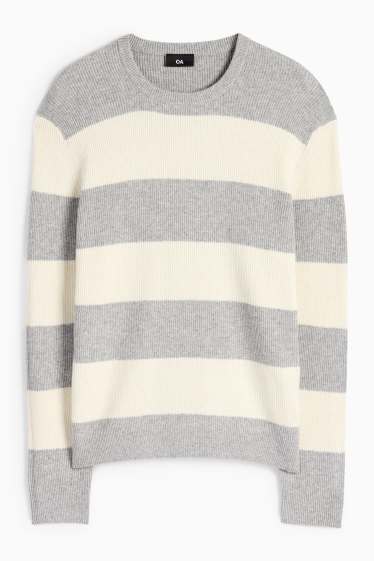 Men - Jumper - ribbed - striped - gray / beige
