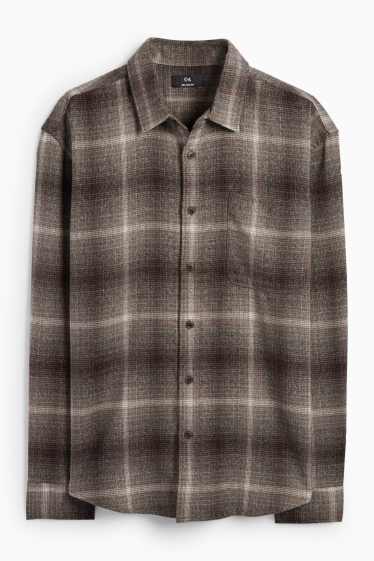 Bărbați - Cămașă din flanel - relaxed fit - guler Kent - în carouri - maro