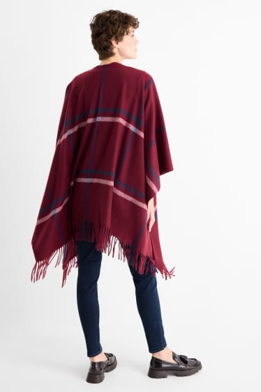 Dames - Poncho met franjes - geruit - bordeaux