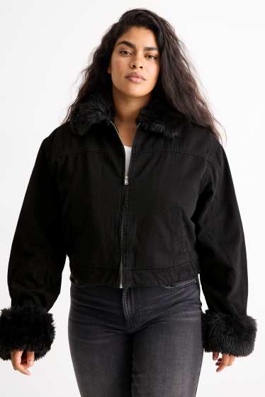 Damen - Jeansjacke mit Kunstfellbesatz - gefüttert - schwarz