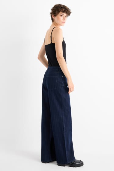 Femei - Wide leg jeans - talie medie - dungi fine - denim-albastru închis