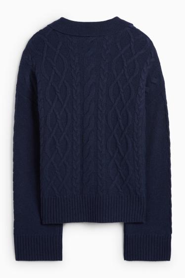 Femmes - Pull à col V contenant du cachemire - laine mélangée - bleu foncé