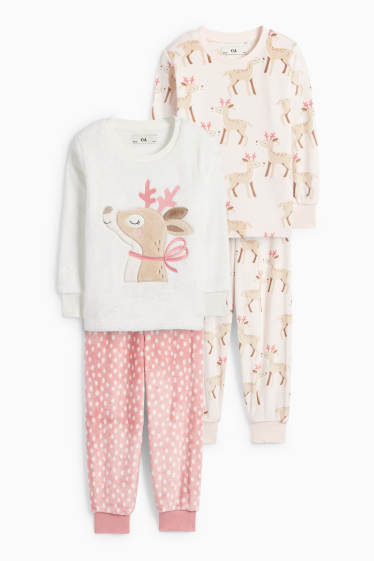Enfants filles - Lot de 2 - cerf - pyjama d’hiver - 4 pièces - blanc crème