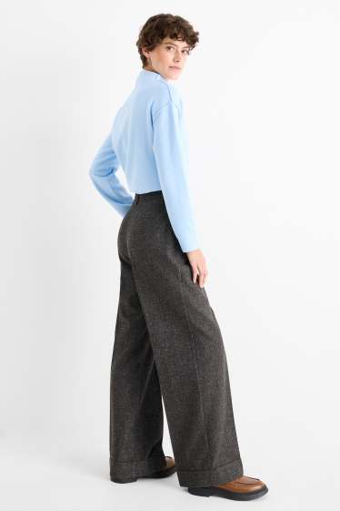Women - Cloth trousers - high waist - wide leg - textured - dark gray