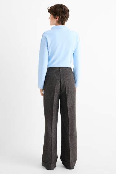 Women - Cloth trousers - high waist - wide leg - textured - dark gray