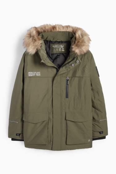 Children Boys - Rain jacket with hood and faux fur trim - lined - khaki