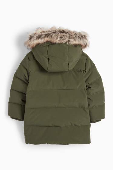 Děti - chlapci - Péřová bunda s kapucí a lemem z umělé kožešiny - khaki