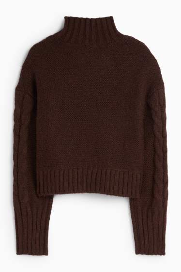 Femmes - Pull court - motif tressé - marron foncé