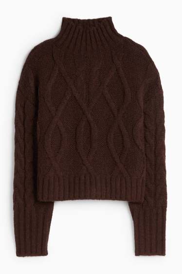 Femmes - Pull court - motif tressé - marron foncé