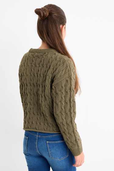 Kinder Mädchen - Pullover - Zopfmuster - khaki