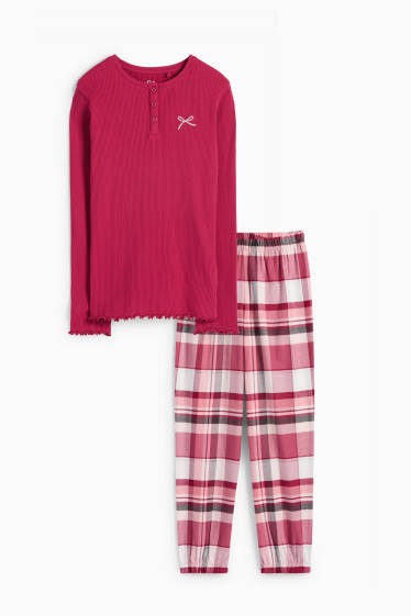 Kinderen: meisjes - Strikje - pyjama met flanellen broek - 2-delig - donker rose