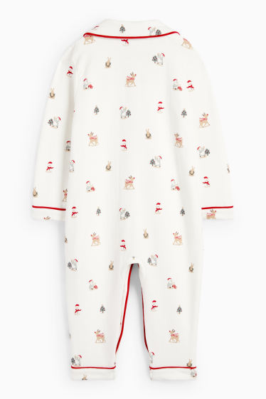 Bebeluși - fete - Om de zăpadă și ren - pijama salopetă bebeluși, cu motive de Crăciun - alb