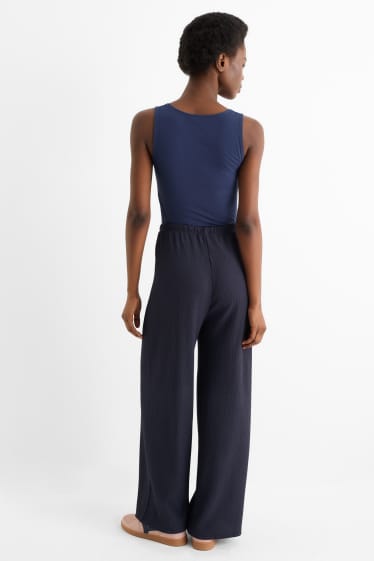 Damen - Jersey-Hose - Mid Waist - Wide Leg - strukturiert - dunkelblau