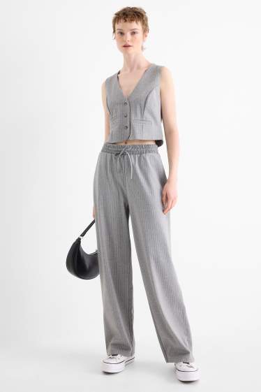Femmes - Pantalon en jersey - high waist - jambe large - fines rayures - gris