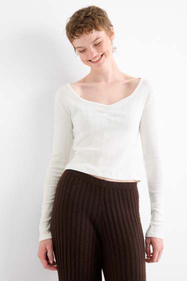 Mujer - Camiseta de manga larga - slim fit - de canalé - blanco