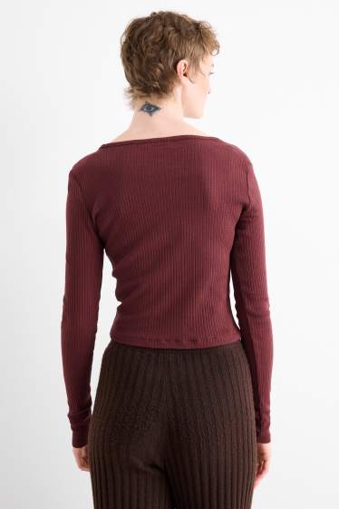 Mujer - Camiseta de manga larga - slim fit - de canalé - burdeos