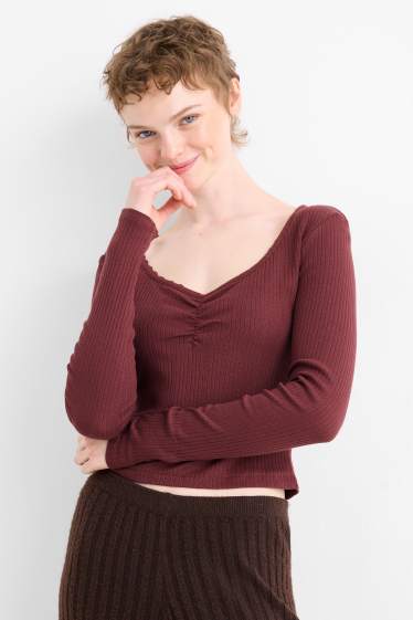 Mujer - Camiseta de manga larga - slim fit - de canalé - burdeos