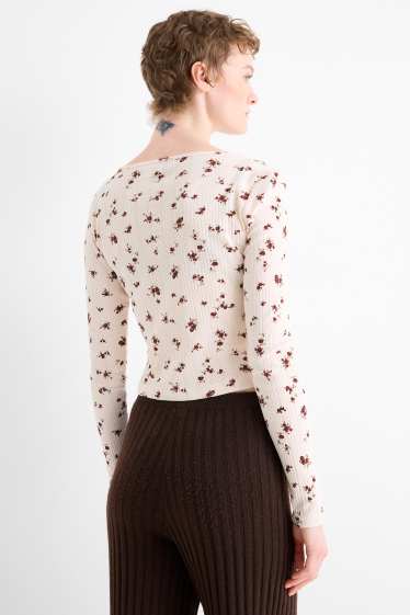 Mujer - Camiseta de manga larga - slim fit - de canalé - de flores - rosa / rojo