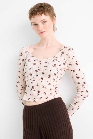 Mujer - Camiseta de manga larga - slim fit - de canalé - de flores - rosa / rojo