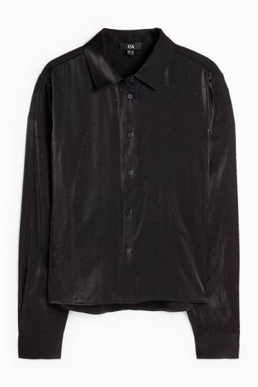 Damen - Satin-Bluse mit Strasssteinen - schwarz