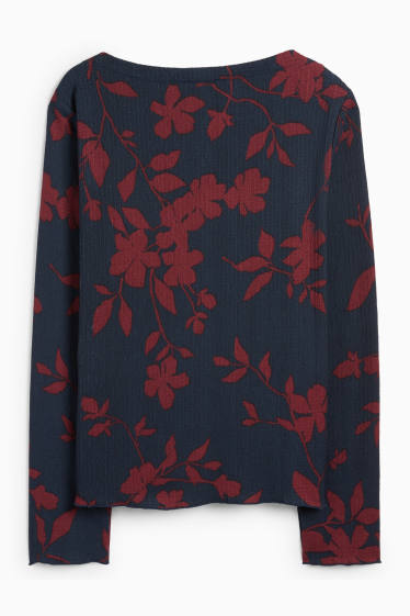 Women - Long sleeve top - regular fit - floral - textured - dark blue