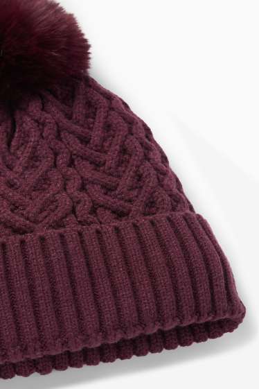 Niñas - Gorro con pompón - ochos - rojo oscuro