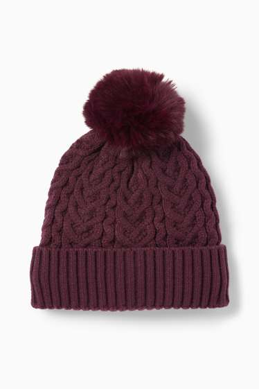 Niñas - Gorro con pompón - ochos - rojo oscuro