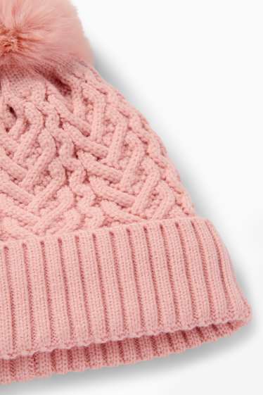 Enfants filles - Bonnet à pompon - motif tressé - rose