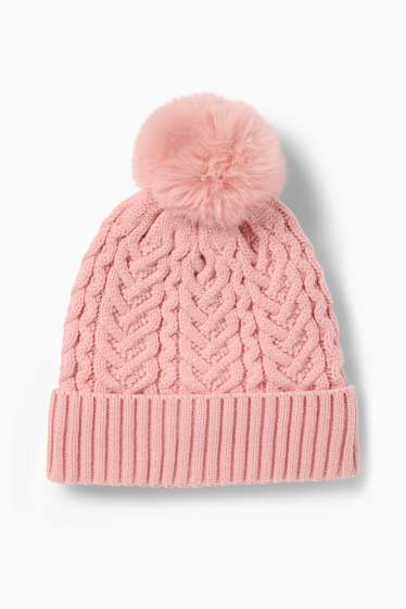 Enfants filles - Bonnet à pompon - motif tressé - rose