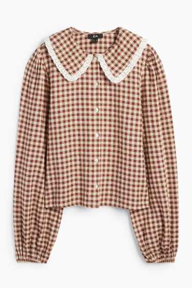 Women - Blouse - check - brown
