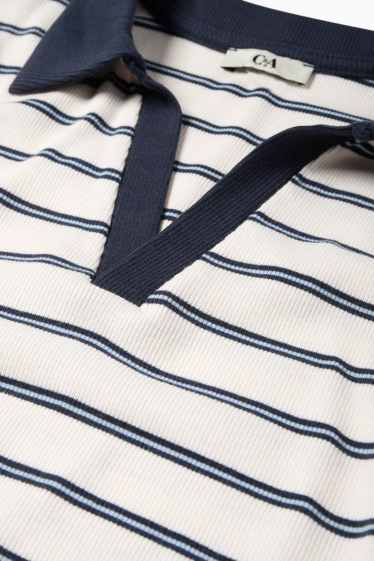 Damen - Crop Poloshirt - Slim Fit - gerippt - gestreift - blau / weiss