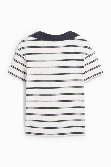 Damen - Crop Poloshirt - Slim Fit - gerippt - gestreift - blau / weiss