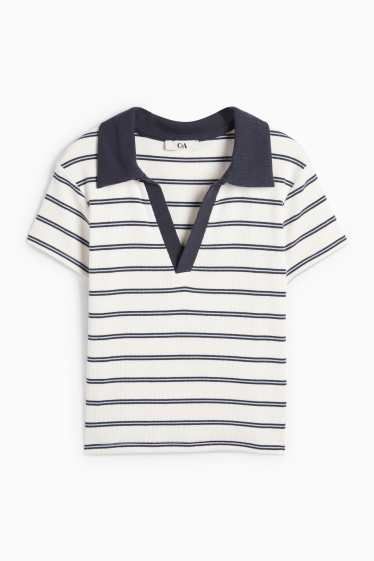 Damen - Crop Poloshirt - Slim Fit - gerippt - gestreift - blau / weiss