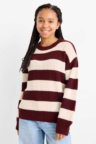 Enfants filles - Pull - finition côtelée - à rayures - rouge / blanc crème