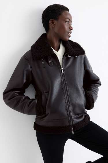 Femei - Jachetă din piele shearling falsă - imitație de piele - negru