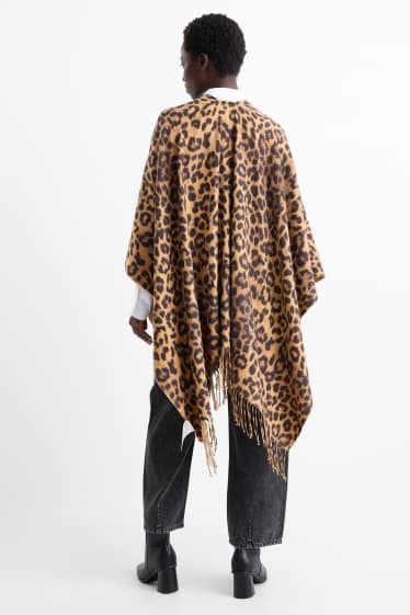 Donna - Poncho frangiato - stampa leopardata - nero / beige
