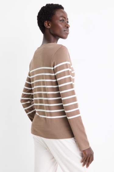Dames - Basic longsleeve - gestreept - lichtbruin