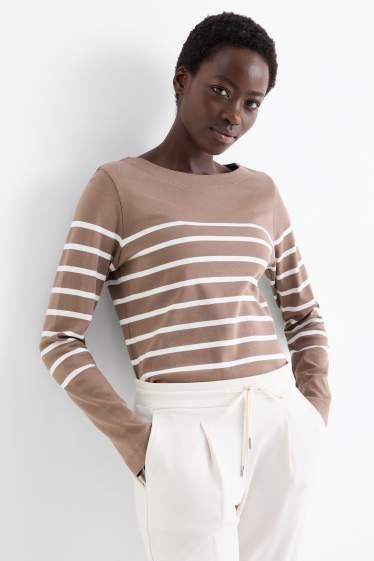 Dames - Basic longsleeve - gestreept - lichtbruin