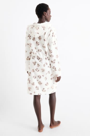 Damen - Bademantel mit Kapuze - Leo-Print - weiß