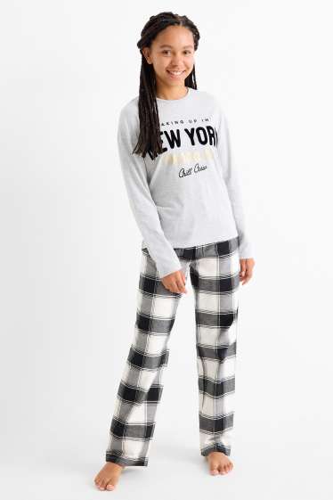 Kinder Mädchen - New York - Pyjama mit Flanellhose - 2 teilig - hellgrau-melange