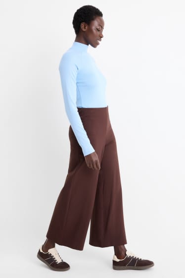 Dámské - Žerzejové kalhoty - high waist - wide leg - tmavohnědá