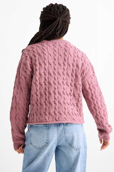 Kinder Mädchen - Pullover - Zopfmuster - dunkelrosa