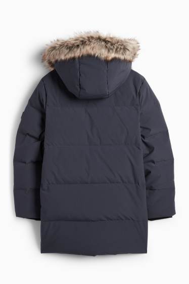 Kinderen: jongens - Donzen jas met capuchon en rand van imitatiebont - donkerblauw