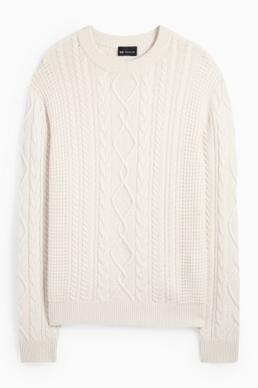 Hommes - Pull en cachemire mélangé - laine mélangée - motif tressé - blanc crème