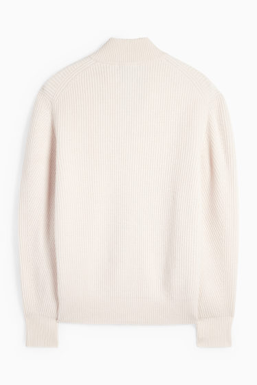 Herren - Strickjacke mit Kaschmir-Anteil - Woll-Mix - gerippt - cremeweiß