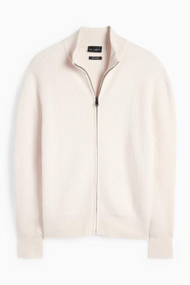Herren - Strickjacke mit Kaschmir-Anteil - Woll-Mix - gerippt - cremeweiß