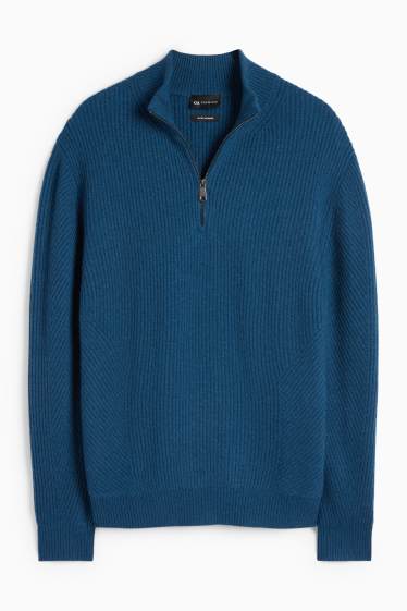 Men - Jumper with cashmere content - wool blend - ribbed - dark blue
